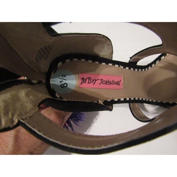 Betsey Johnson Ryan Heels Black Suede Pom Pom Stilettos Shoes NWOB Size 8.5 - Picture 8 of 8